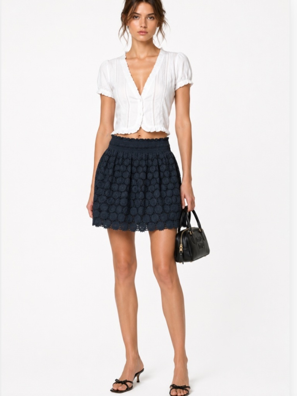 Miu Miu Designer Luxury 2000s Y2K Black Eyelet Lace Mini Skirt Size 42